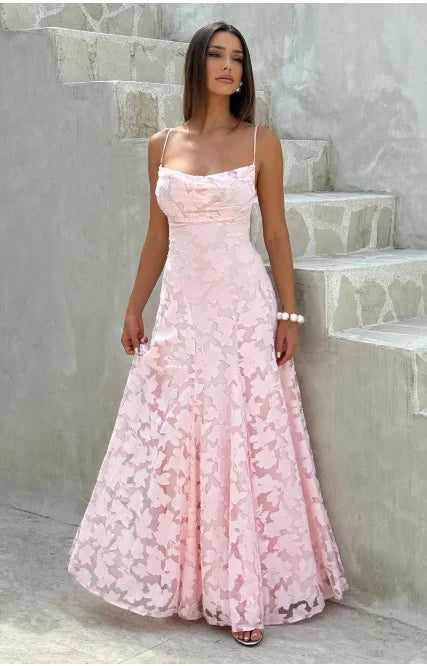 Romantic Floral Jacquard Maxi Dress With Spaghetti Straps Ruched