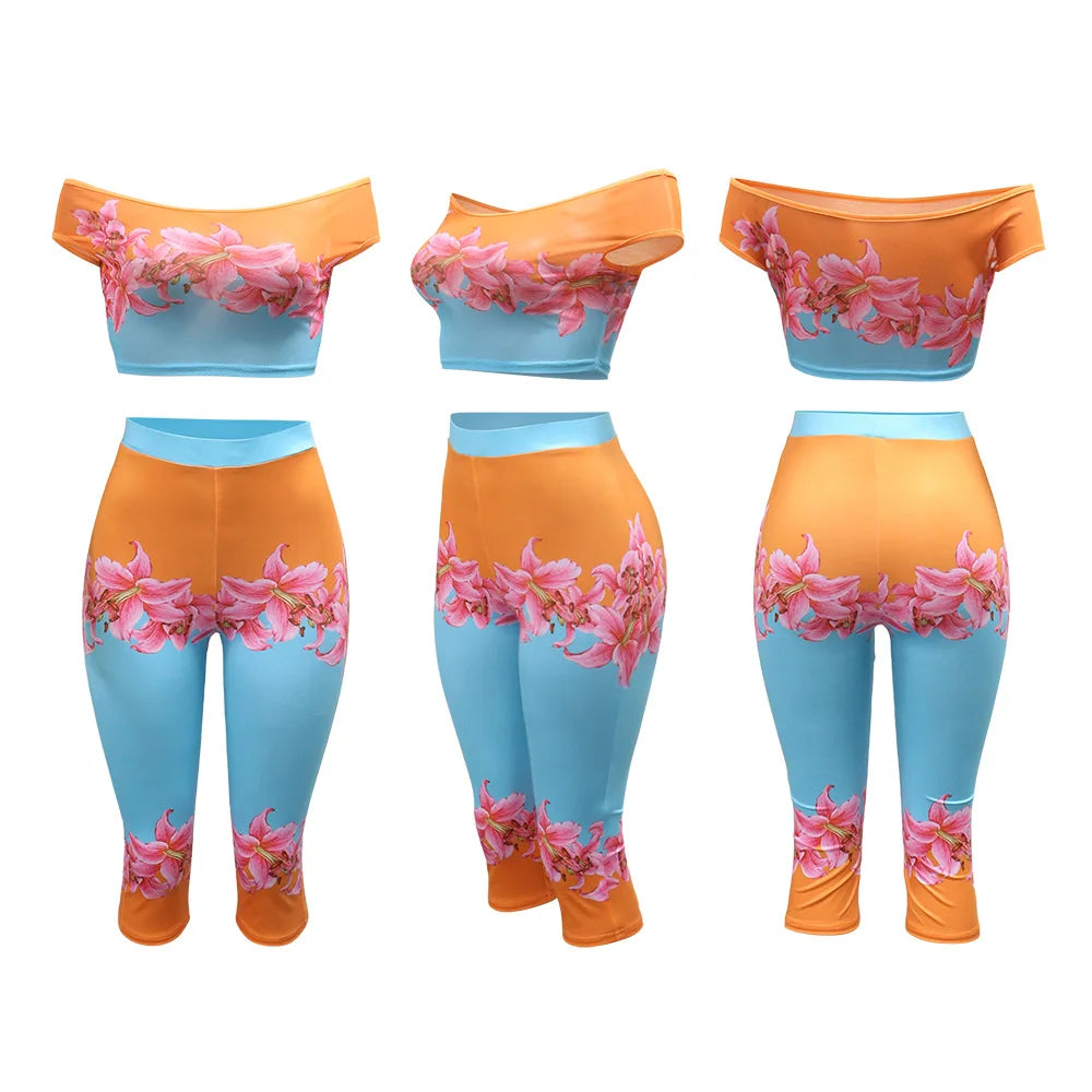 Floral Off Shoulder Crop Top And High Waist Capri Set For Summer Streetwear Vibe
