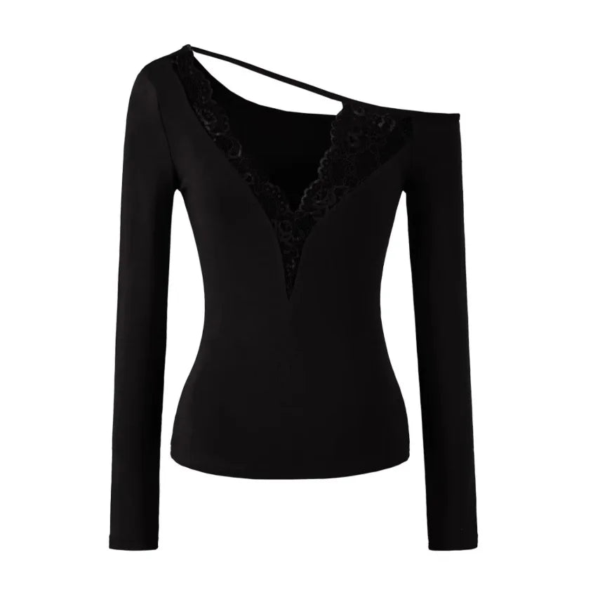 Soft Cotton Long Sleeve Lace Trim V Neck Top Feminine Style