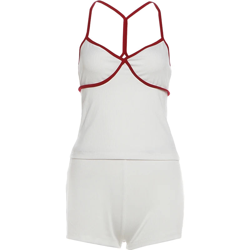 Patchwork Contrast Color Set With Backless Crop Top And Skinny Shorts