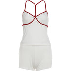 Patchwork Contrast Color Set With Backless Crop Top And Skinny Shorts