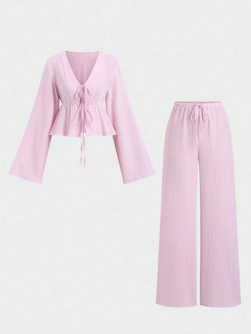 Striped Lace Up Two Piece Set V Neck Top And Elastic Waist Pants