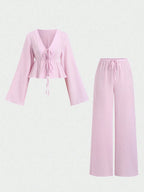 Striped Lace Up Two Piece Set V Neck Top And Elastic Waist Pants
