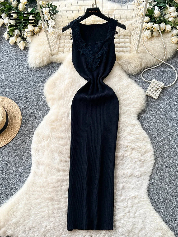 French Style Lace Knit Sleeveless Bodycon Maxi Dress
