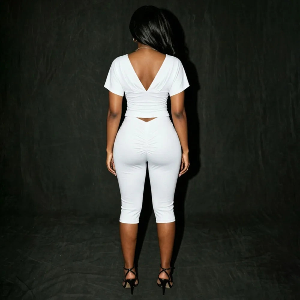 Two Piece Solid Color Set With Deep V Neck Ruched Crop Top And Capri Pants