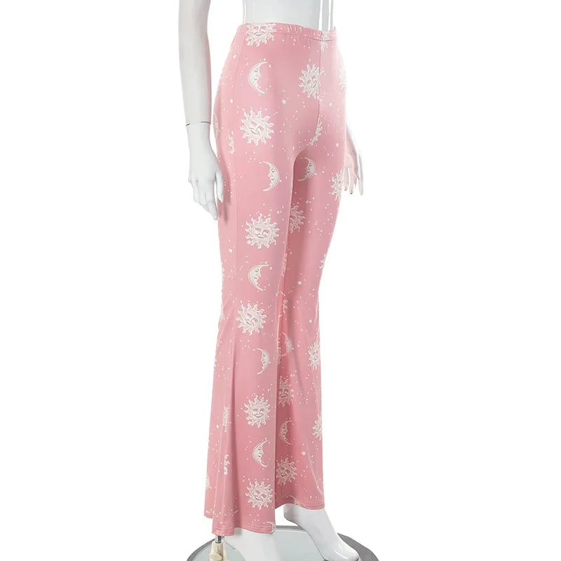 Vibrant Pink Patchwork Flared Pants With Elastic Waist And Wide Leg Streetwear Abstract Print