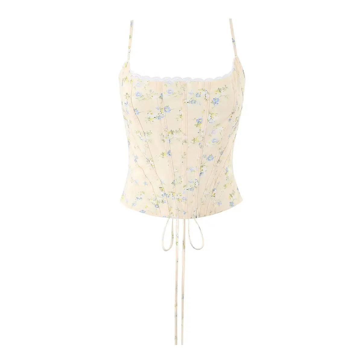 Sunlit Yellow Floral Corset Top With Lace Trim And Delicate Spaghetti Straps