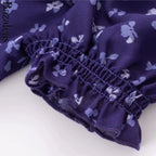 Purple Square Neckline Floral Print Blouse Flare Short Sleeve