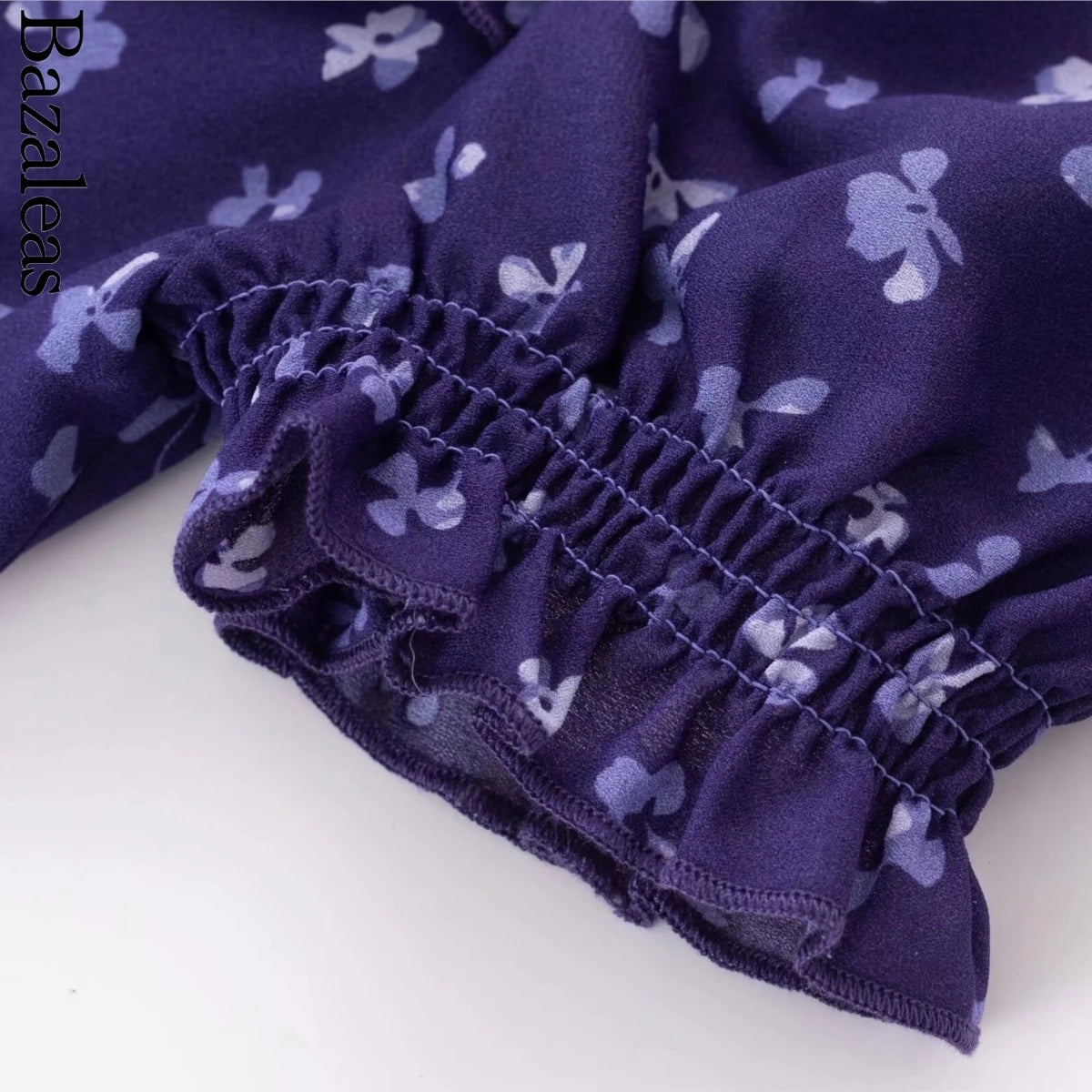 Purple Square Neckline Floral Print Blouse Flare Short Sleeve