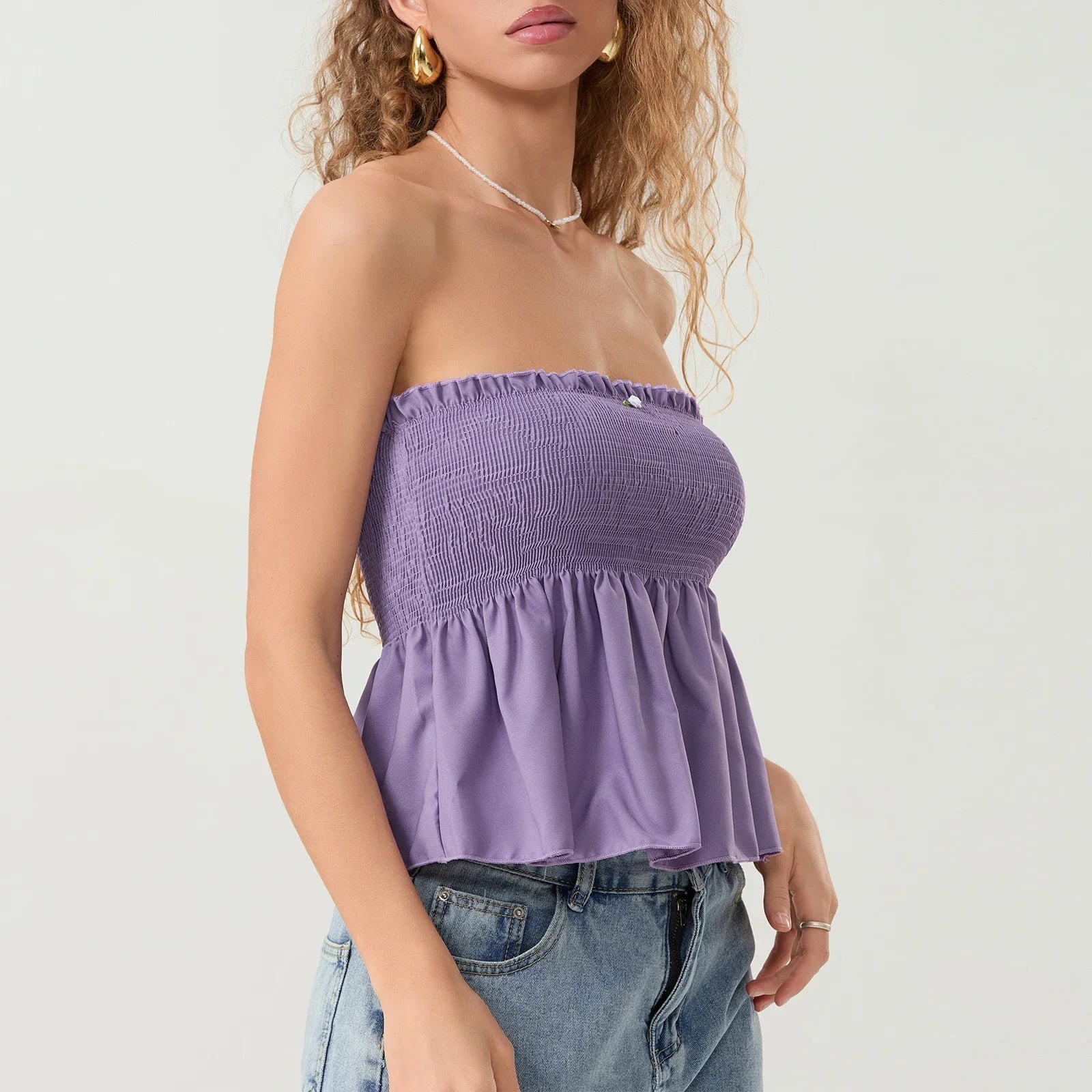 Women Floral Bow Crop Top With Ruffles And Backless Strapless Tank