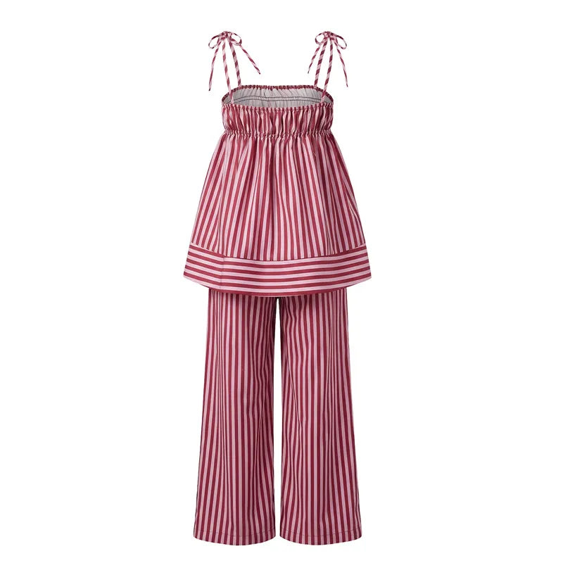 Striped Two Piece Pajama Set With Tie Shoulder Tank Top And Straight Pants