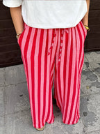 Relaxed Striped Pants For Women With Elastic Waist And Lace Up Detail Wide Leg Straight Trousers