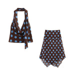 Blue Polka Dot Two Piece Set With Halter Top And Midi Skirt