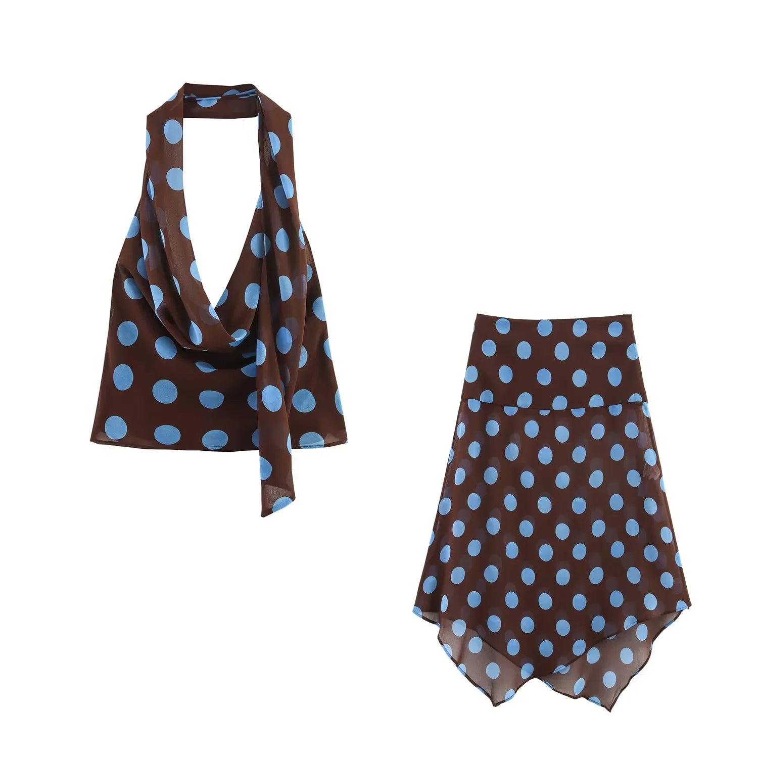 Blue Polka Dot Two Piece Set With Halter Top And Midi Skirt