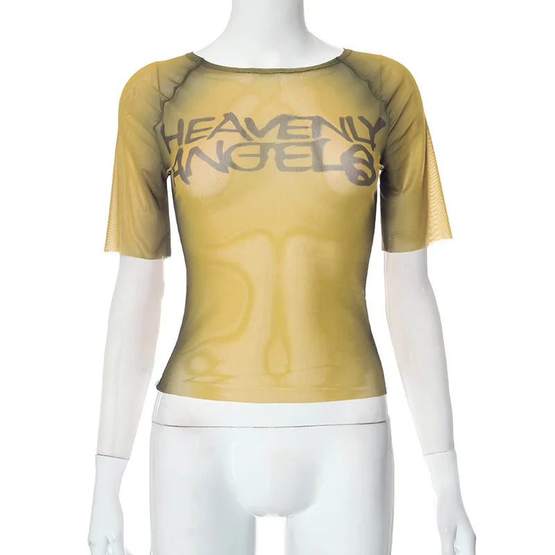 Y2K Letter Print See Through Graphic Tee For Women Short Sleeve Aesthetic Streetwear