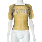 Y2K Letter Print See Through Graphic Tee For Women Short Sleeve Aesthetic Streetwear