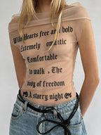 Midnight Letter Print Mesh Patchwork Top With Backless Design For Women Streetwear Mood