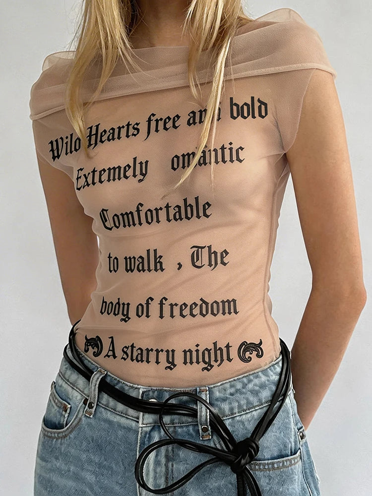Midnight Letter Print Mesh Patchwork Top With Backless Design For Women Streetwear Mood