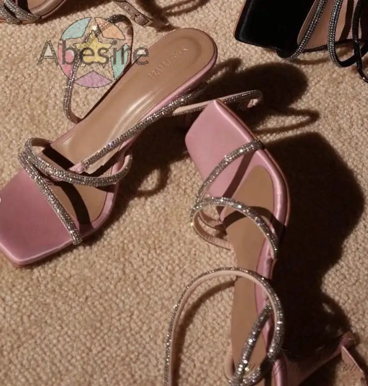 Pink Diamond Sparkle Stiletto Sandals With Open Toe And Square Detail For Evening Parties