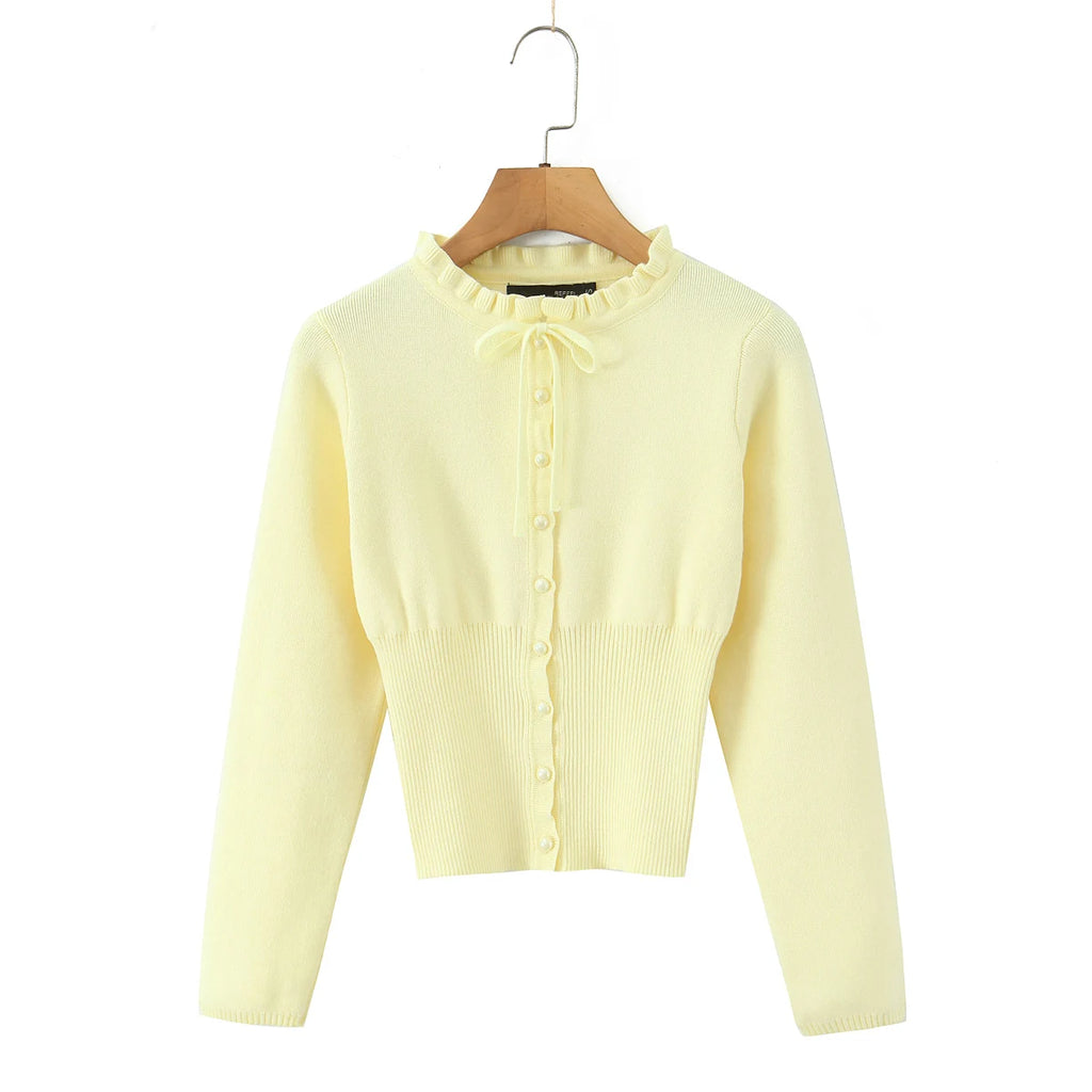 Lacing Up Bow Woodears O neck Open Buttons Through Crop Pointelle Knitted Cardigan Sweater Woman Jumper Knitwear