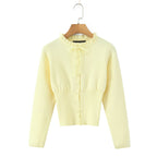 Lacing Up Bow Woodears O neck Open Buttons Through Crop Pointelle Knitted Cardigan Sweater Woman Jumper Knitwear