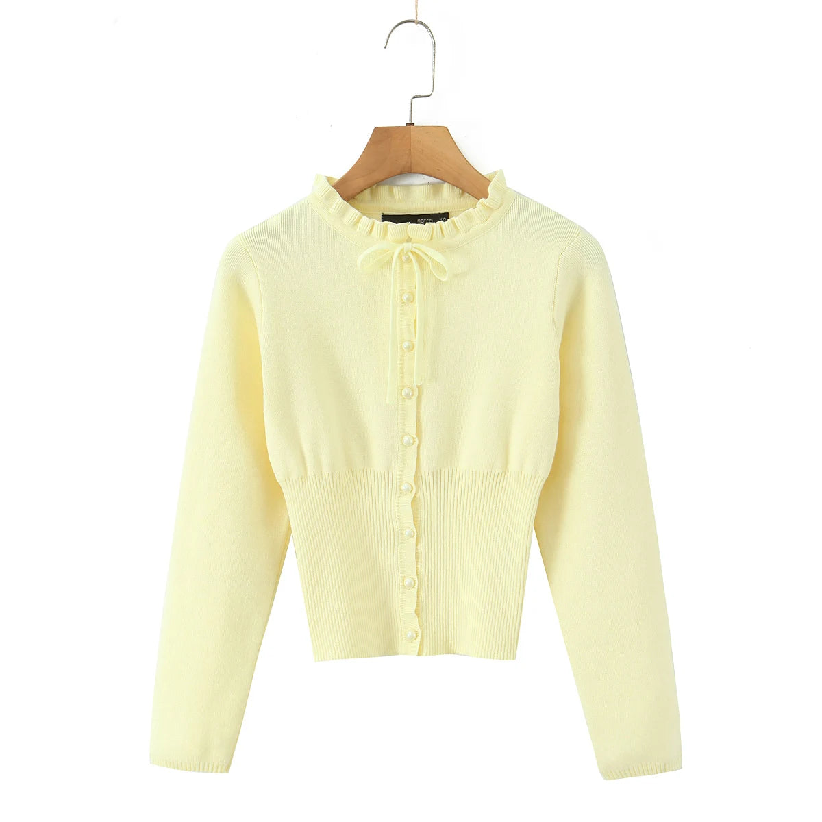 Lacing Up Bow Woodears O neck Open Buttons Through Crop Pointelle Knitted Cardigan Sweater Woman Jumper Knitwear