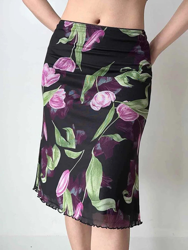 Vintage Floral Mesh High Waist Midi Mermaid Skirt
