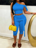 Polka Dot One Shoulder Crop Top Set With Tie Waist Capri Leggings