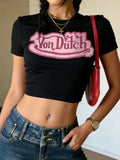 Retro Letter Pattern Round Neck Tee With Striped Short Sleeves