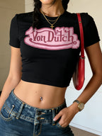 Retro Letter Pattern Round Neck Tee With Striped Short Sleeves