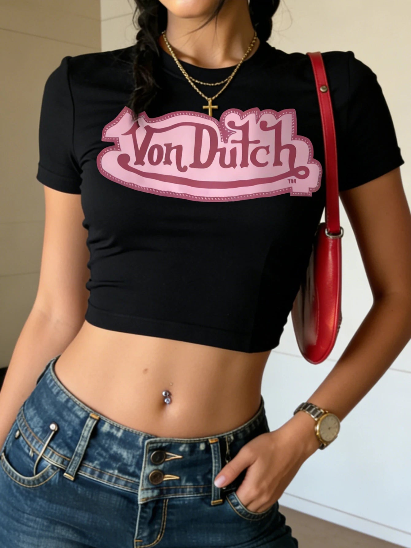 Retro Letter Pattern Round Neck Tee With Striped Short Sleeves