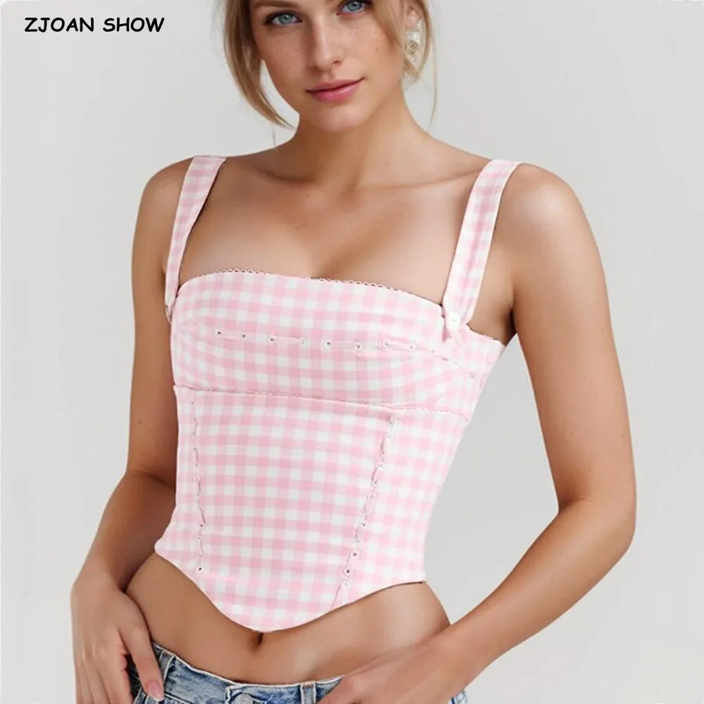 Pink Plaid Crop Top With Slash Collar