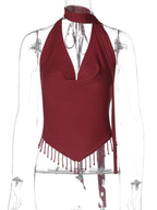 Halter V Neck Backless Crop Top With Lace Up Crystal Tassels