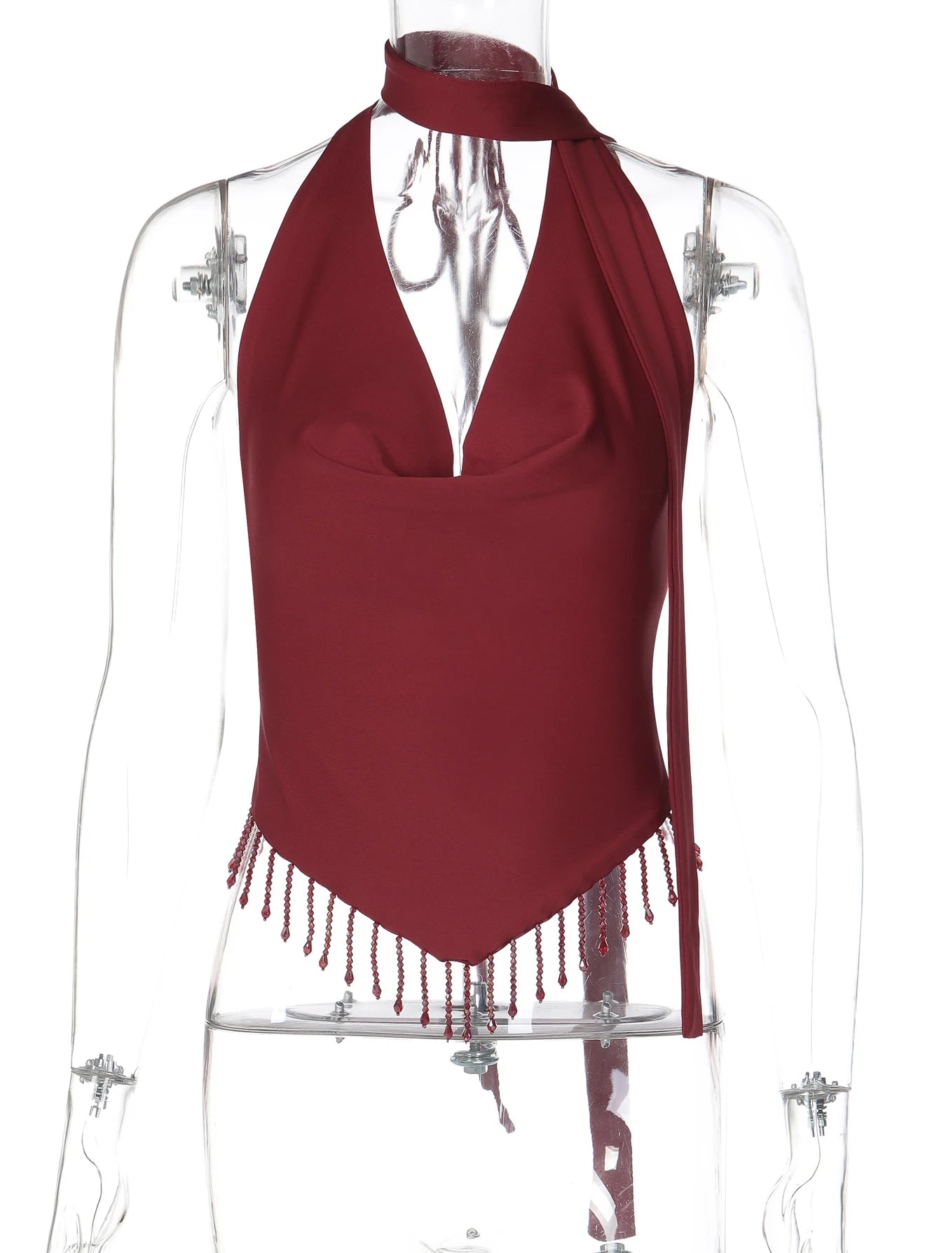 Halter V Neck Backless Crop Top With Lace Up Crystal Tassels