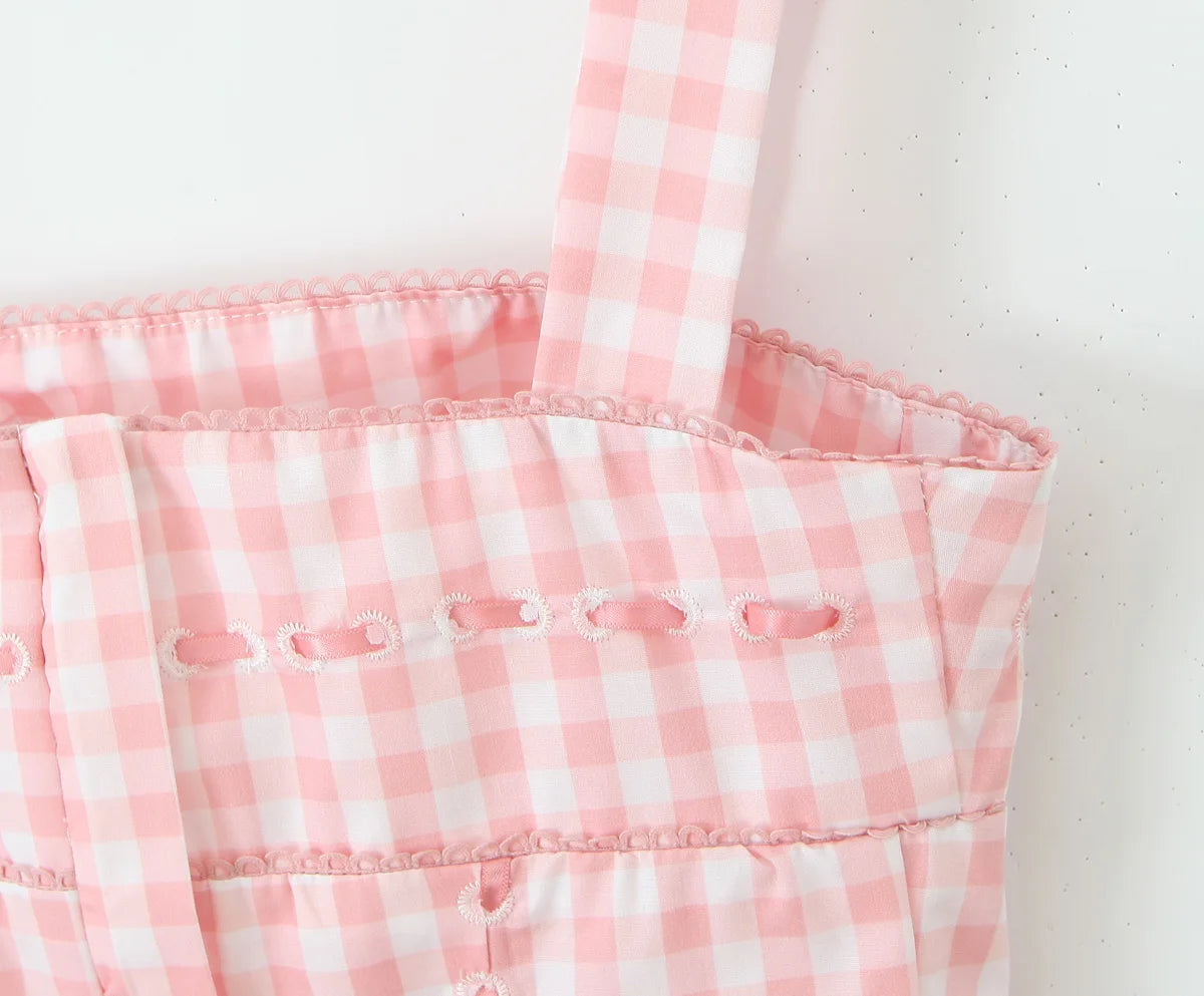 Pink Plaid Crop Top With Slash Collar