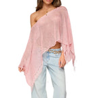 Crochet Cover Up With Tassel Hem Loose Fit Hollow Out See Through Off Shoulder Knit Top