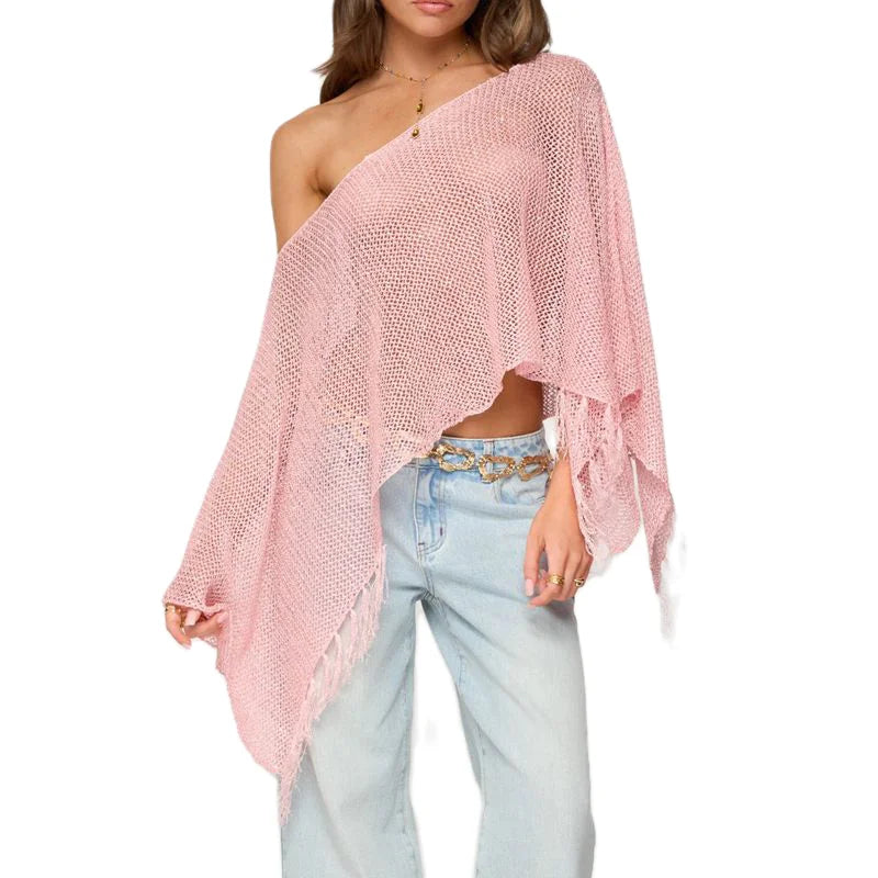 Crochet Cover Up With Tassel Hem Loose Fit Hollow Out See Through Off Shoulder Knit Top