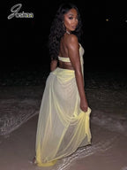 Backless Mesh Beach Dress With Halter Chain Deep V Ruched