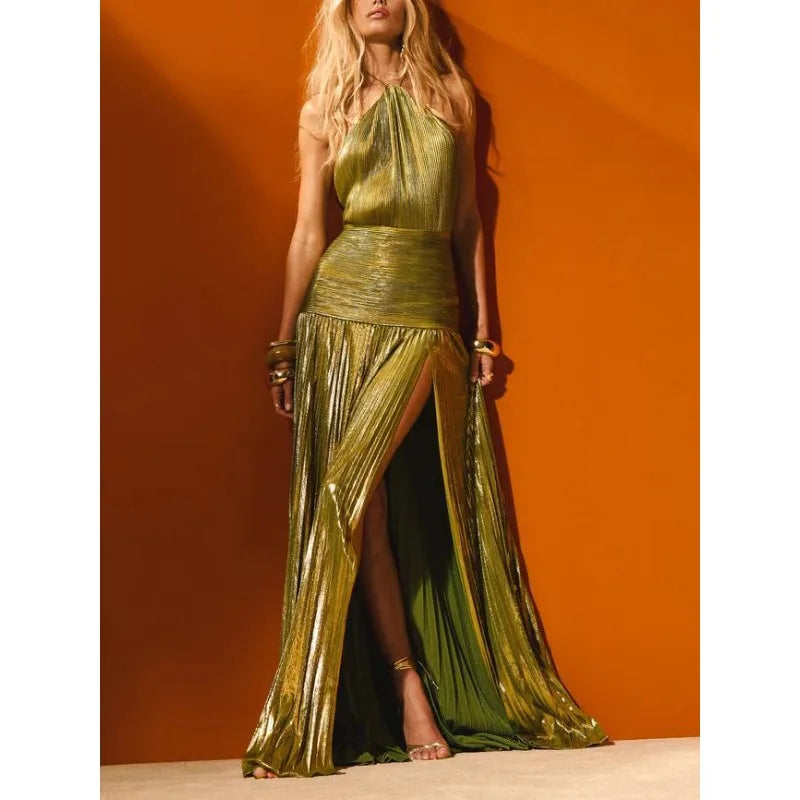Off Shoulder Corset Halter Evening Gown With Slit