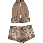 Snake Print Halter Backless Crop Top and Shorts Set Plunge Neck Bodycon Two Piece Clubwear