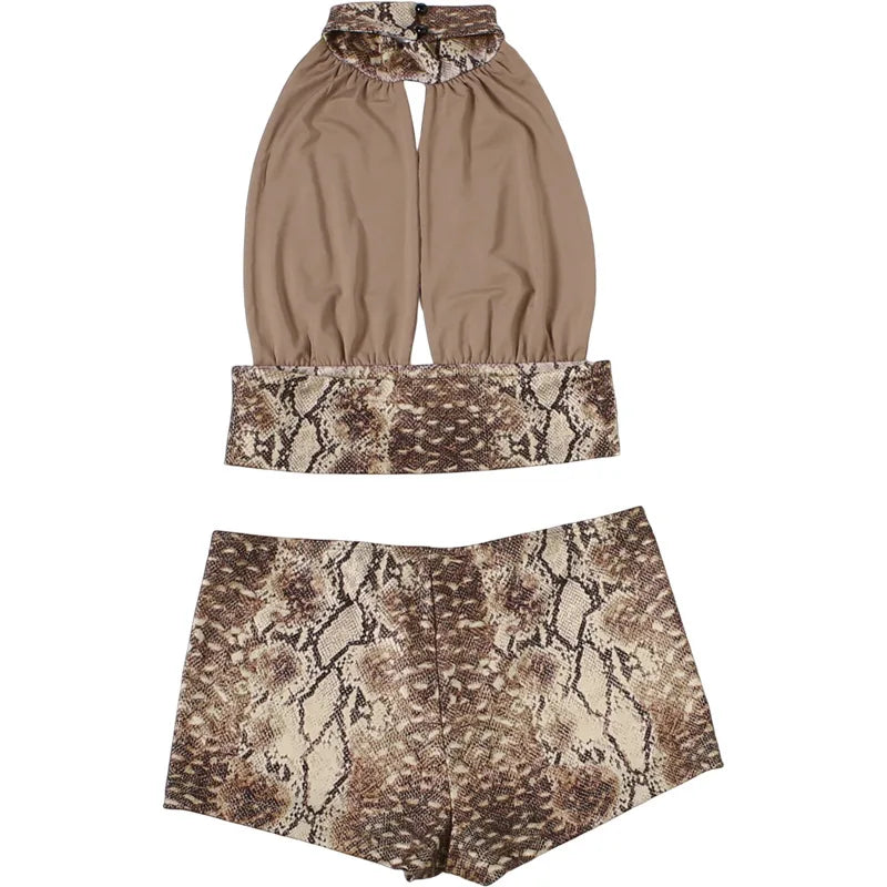 Snake Print Halter Backless Crop Top and Shorts Set Plunge Neck Bodycon Two Piece Clubwear
