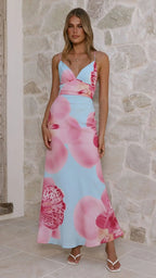 Sunlit Breeze Printed Strap Maxi Dress With V Neck Backless