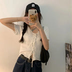 Soft Knit V Neck Cropped Ribbed Short Sleeve Tee