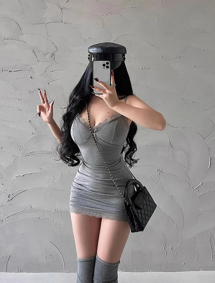 Retro Lace Patchwork Bodycon Mini Dress With Spaghetti Straps