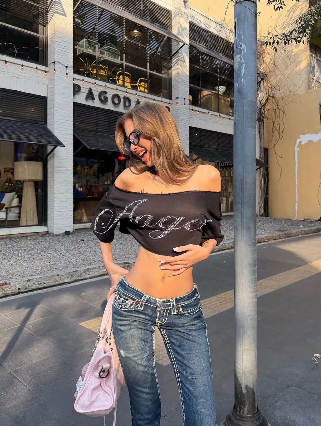 Shimmering Letter Rhinestone Tee Off Shoulder Top With Skew Collar