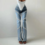 Glimmering Rhinestone Patchwork Denim With Loop Detail For A Chic Straight Leg Silhouette
