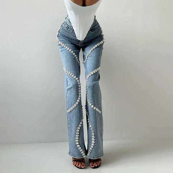 Glimmering Rhinestone Patchwork Denim With Loop Detail For A Chic Straight Leg Silhouette