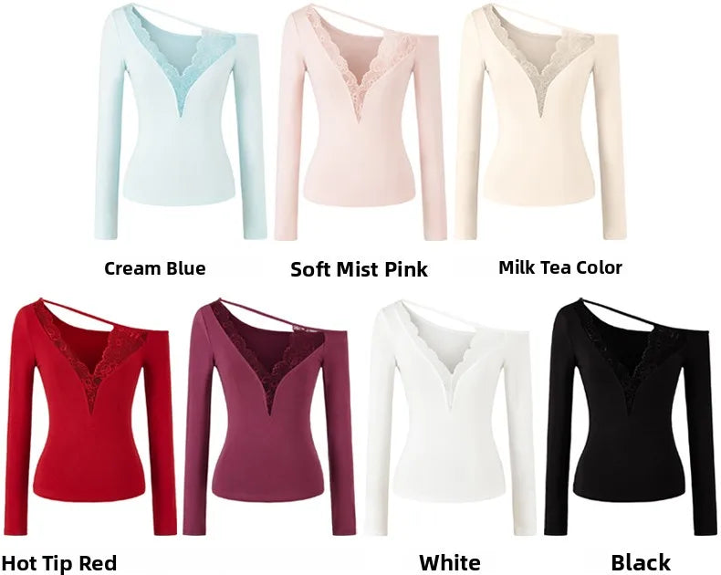 Lace Splice Long Sleeve Vneck Top For Night Out Chic
