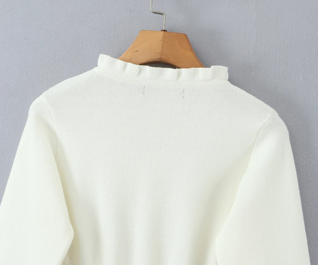 Lacing Up Bow Woodears O neck Open Buttons Through Crop Pointelle Knitted Cardigan Sweater Woman Jumper Knitwear