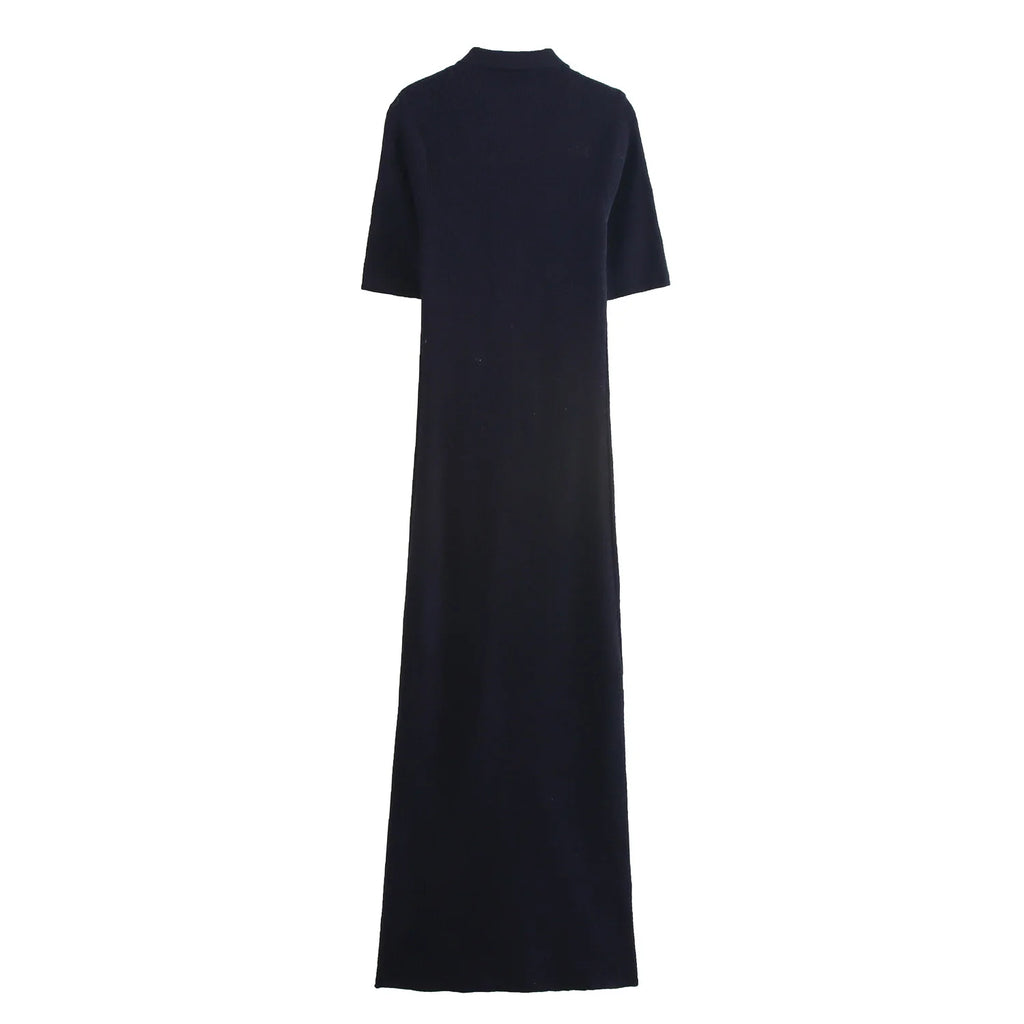 Knit Black Long Flute Dress With Buckle Detail